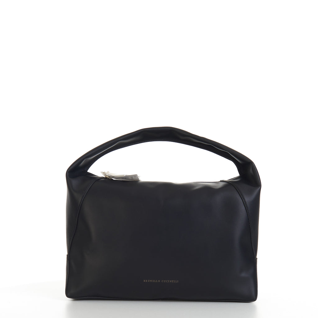 Black Leather Hobo Single Handle Handbag With Monili Detail