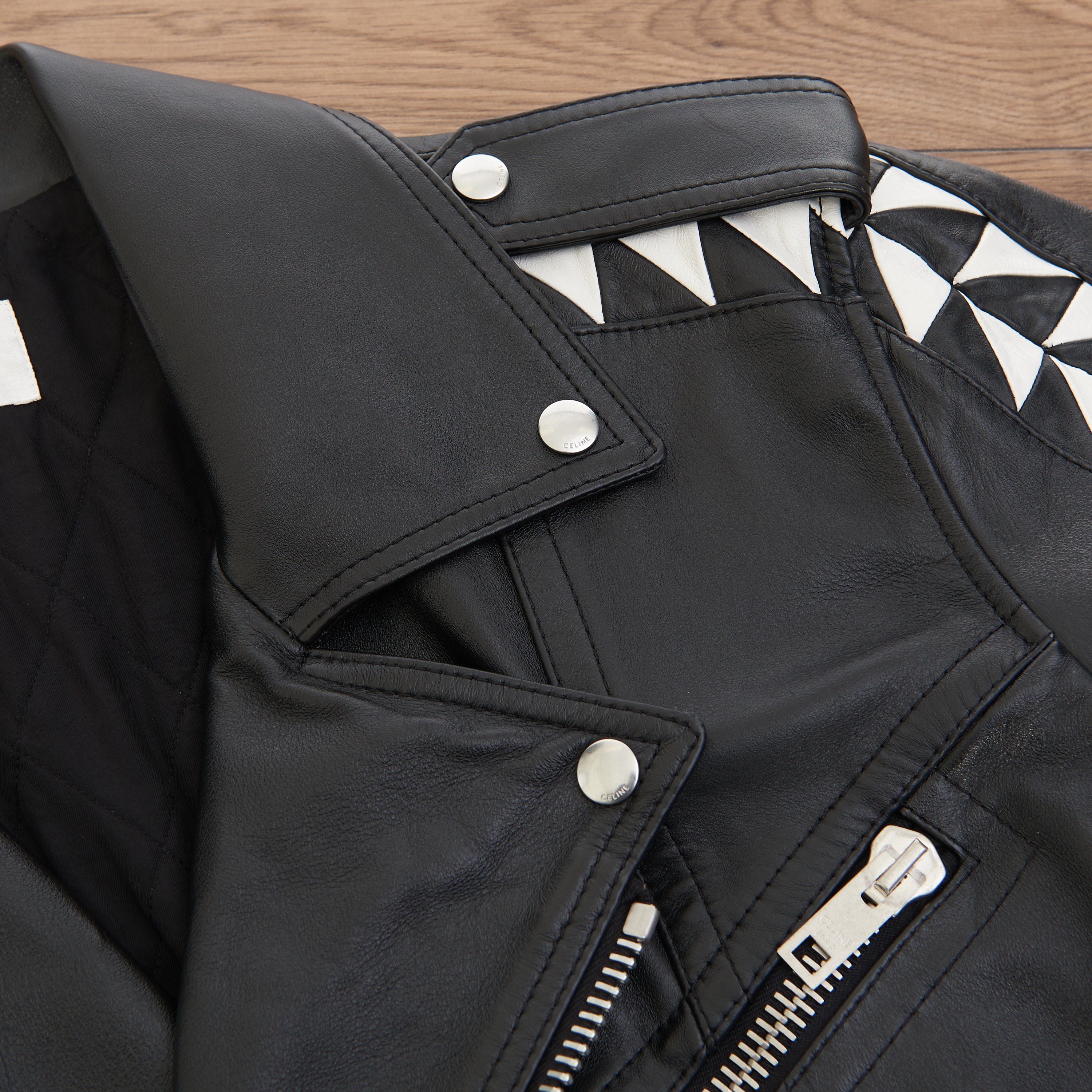 Triangle Jacket Button Oversized Biker Jacket With Triangle Bands In Black Calfskin – CHIIIQ