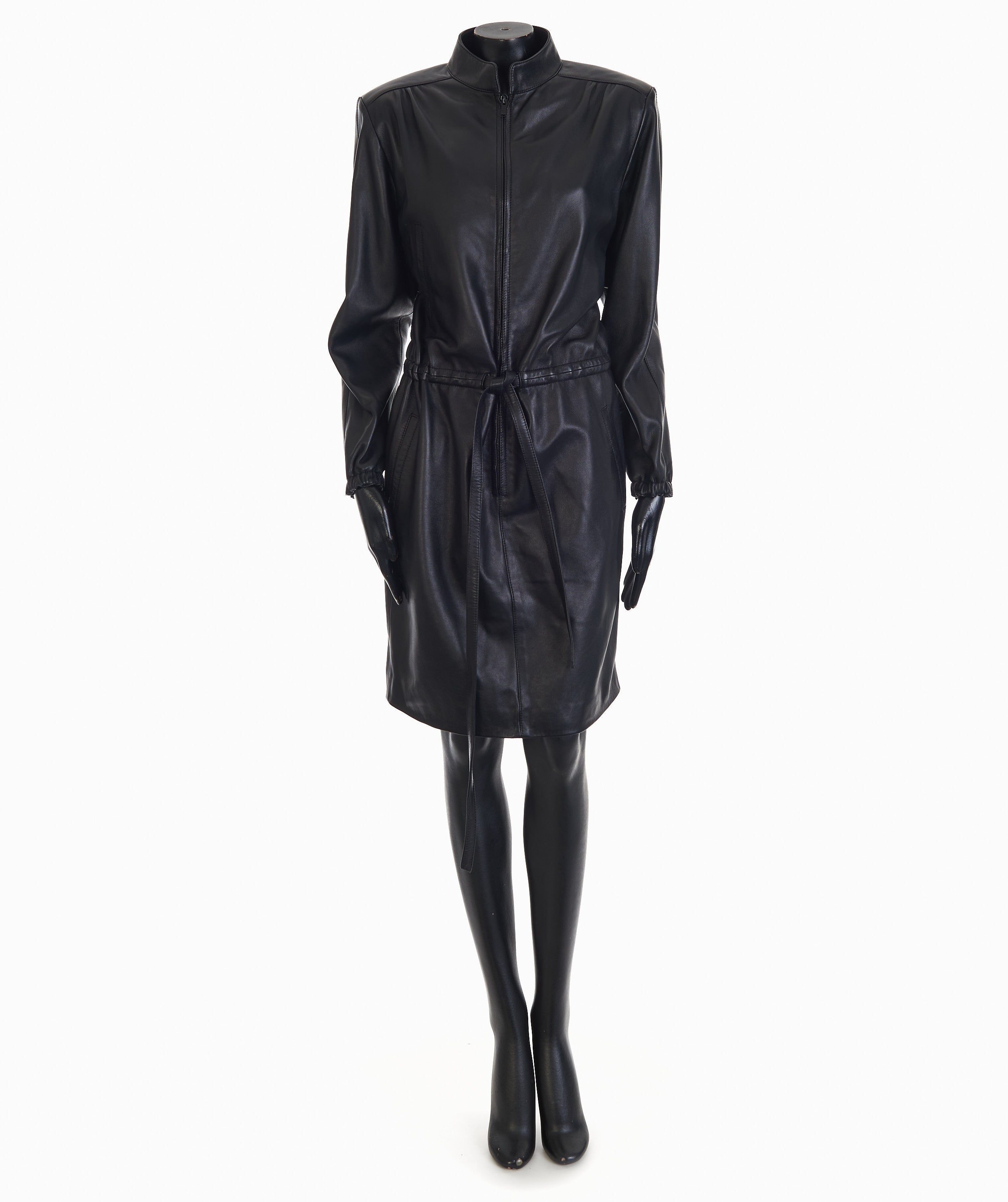 Black Drawstring Zip-Front Leather Shirt Dress CHIIIQ Black Drawstring Zip-Front Leather Shirt Dress CHIIIQ