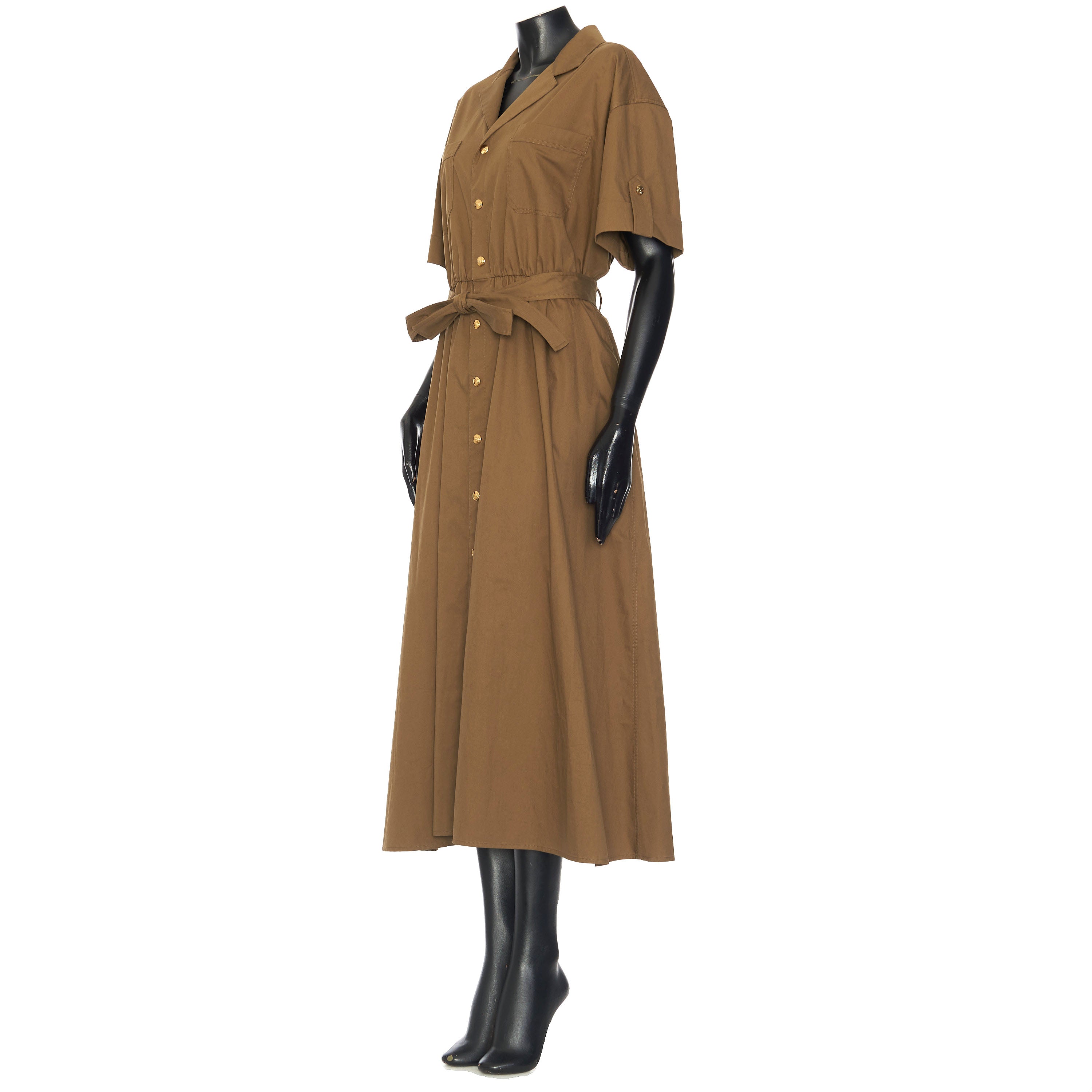 Short-Sleeved Safari Dress In Olive Green Cotton Twill 42 Short-Sleeved Safari Dress In Olive Green Cotton Twill 42