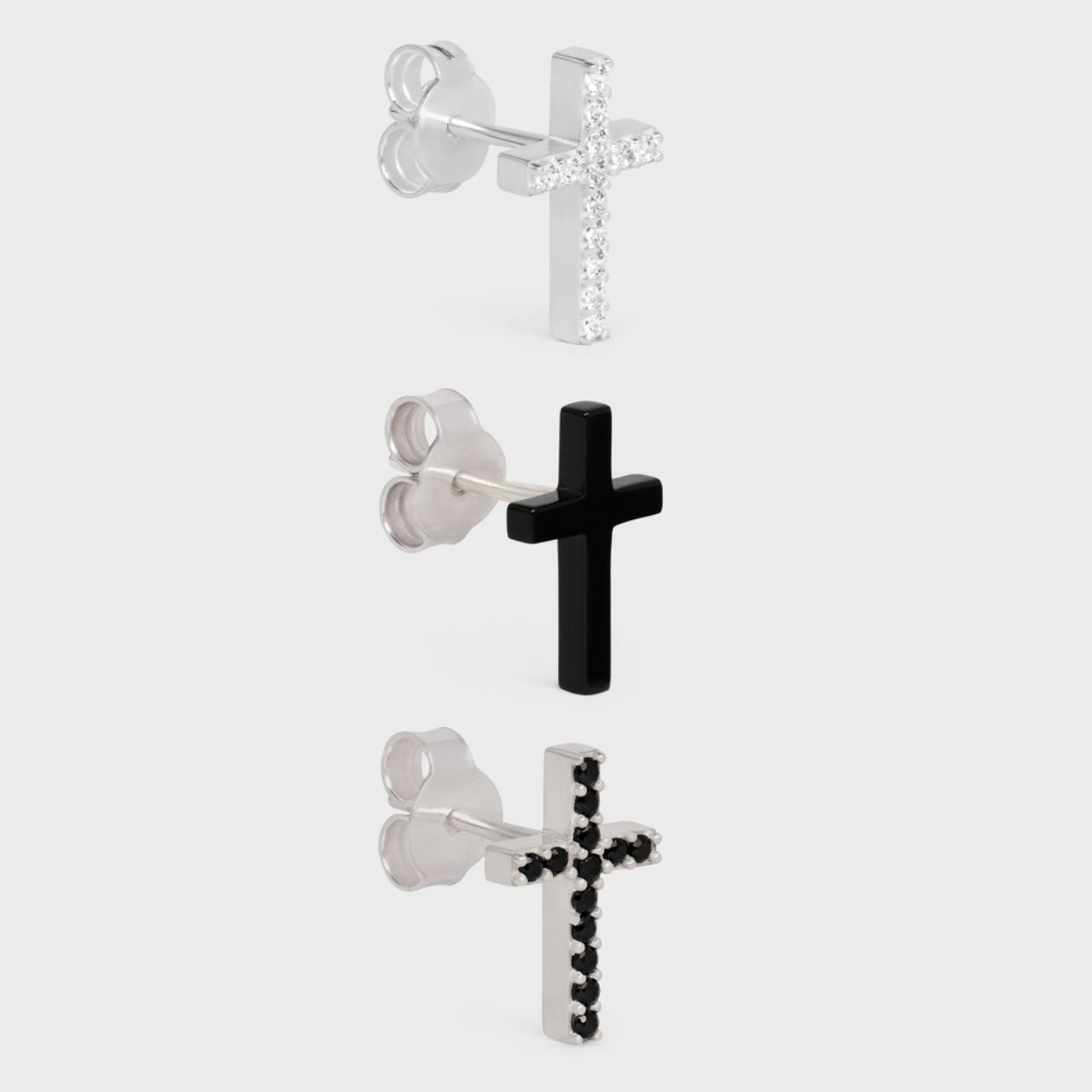 Cross Set Of 3 Studs In Brass With Rhodium Finish, Crystals