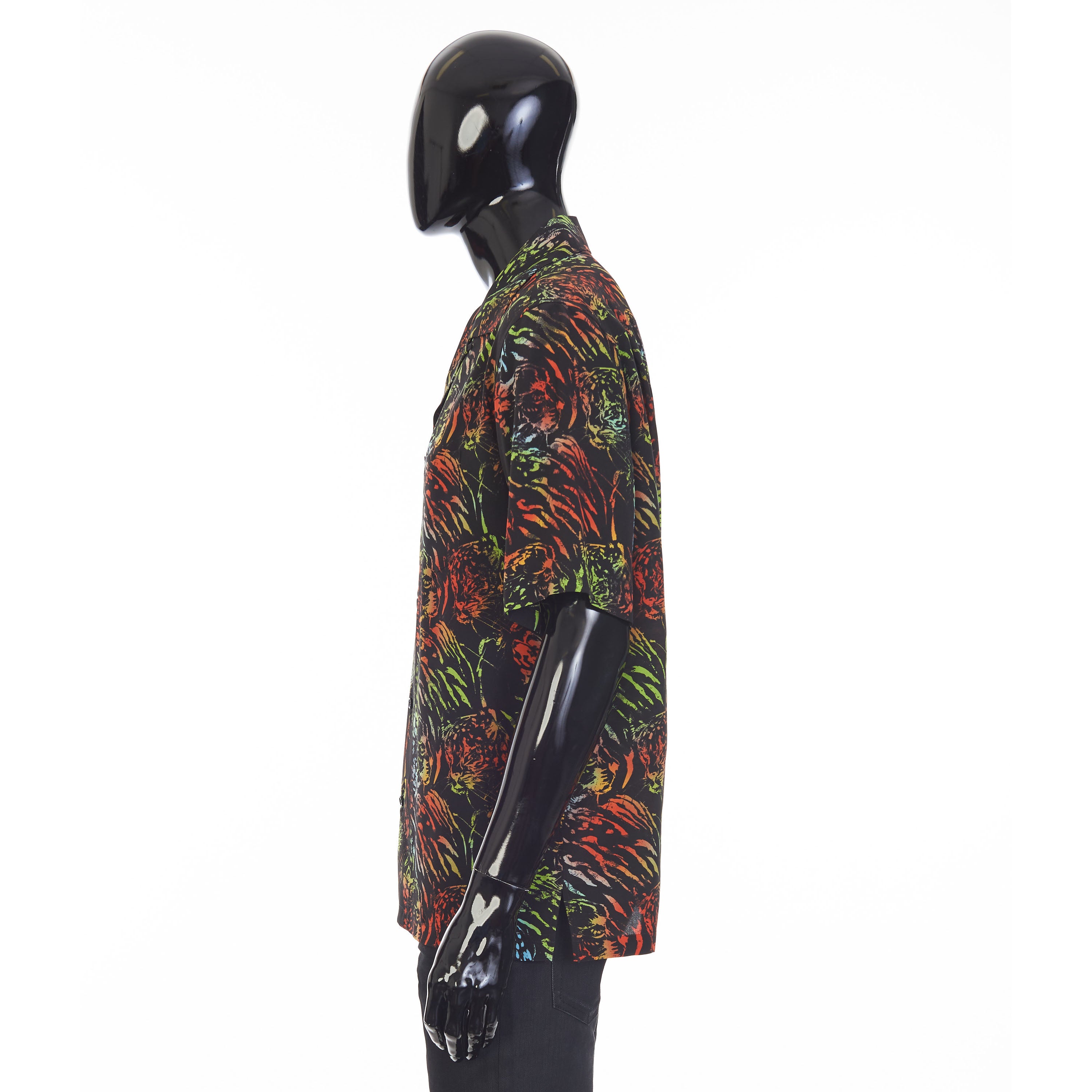 Black Hawaiian Shirt - Neon Tiger Print, Crepe De Chine Silk