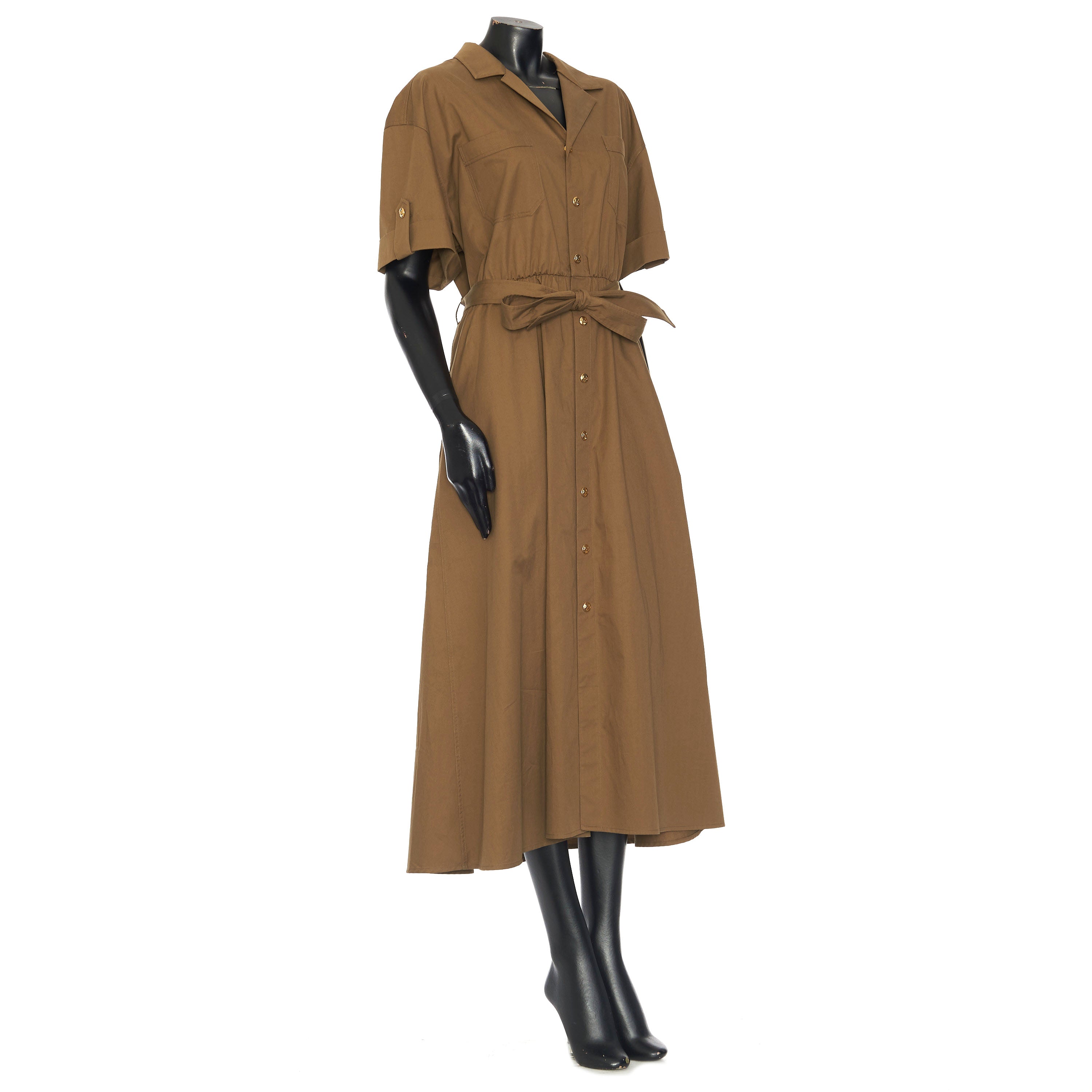 Short-Sleeved Safari Dress In Olive Green Cotton Twill 42 Short-Sleeved Safari Dress In Olive Green Cotton Twill 42